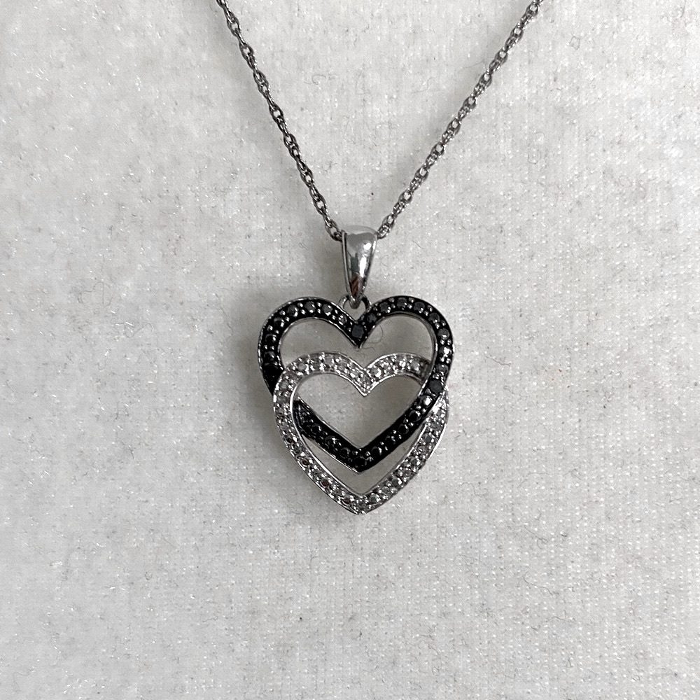 1/5 Carat Black/White Diamond Double Heart Pendant 925 Sterling Silver Necklace